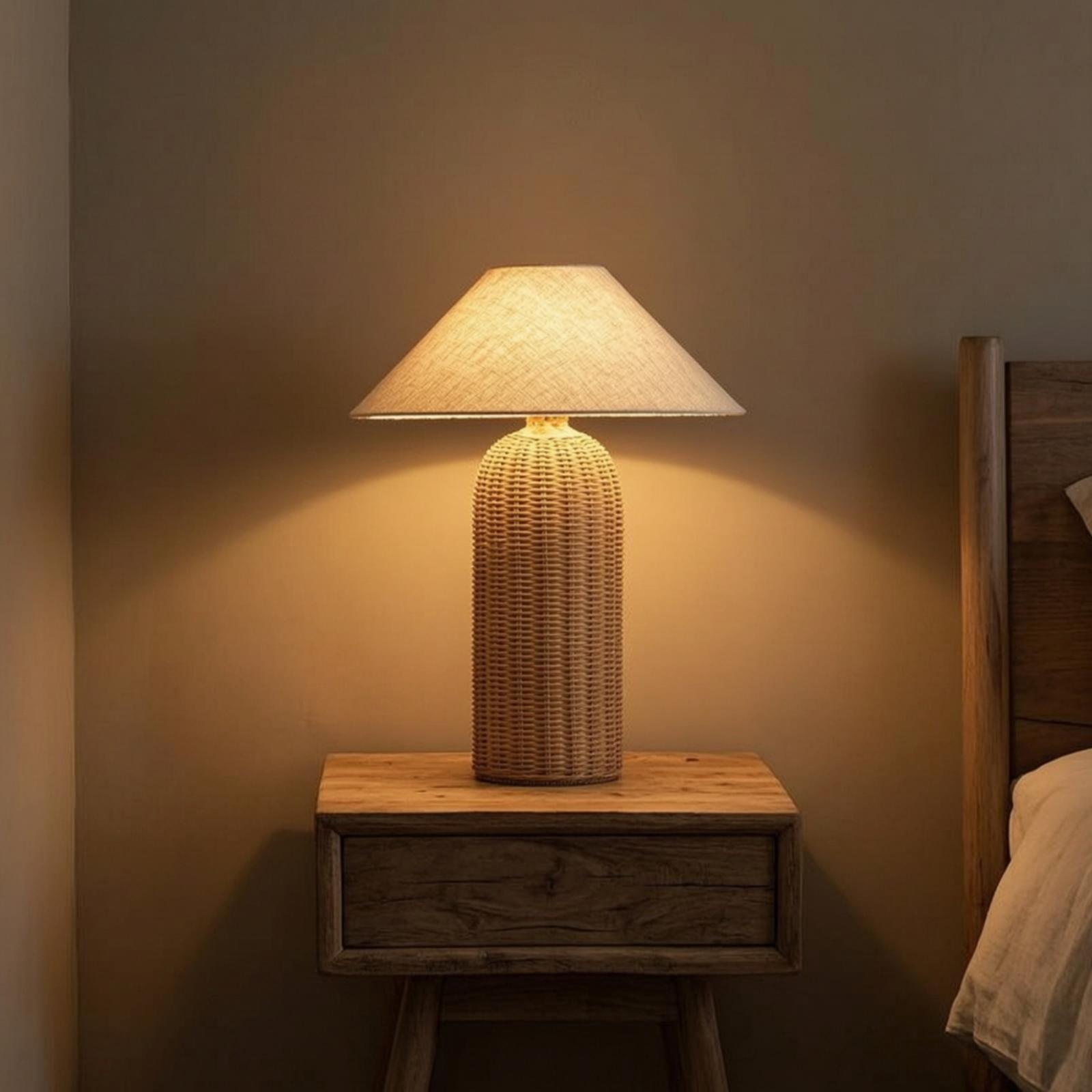 Desk Lamp - Bedside Lamp Rattan Base Fabric Shade